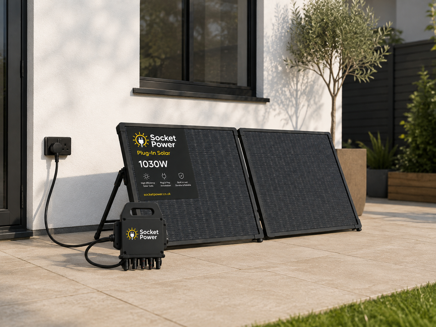 SocketPower 1030W plug-in solar kit ground mounted on a patio beside a house, plugged into an outdoor UK socket with its microinverter alongside