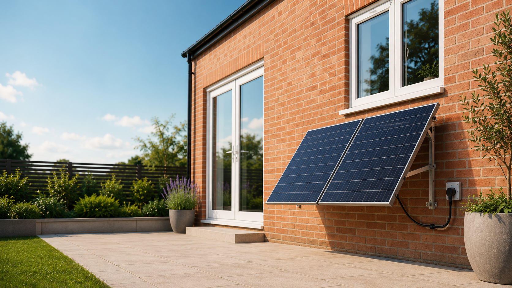Two SocketPower plug-in solar panels mounted on a brick house wall and connected to an external UK socket